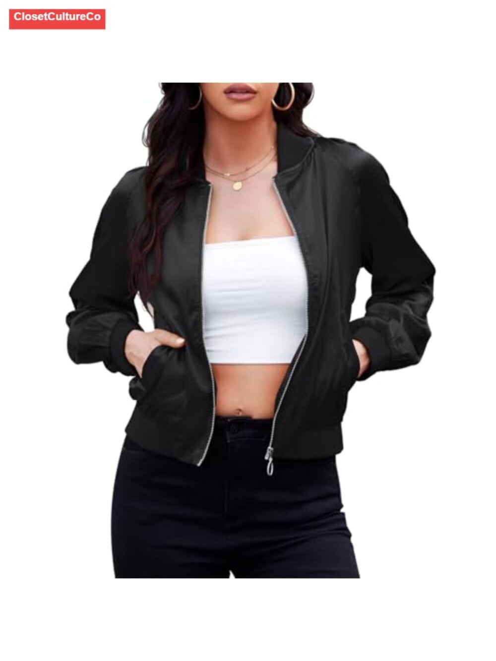 Zando Women's Lightweight Cropped Bomber Jacket Zip Up Casual Outerwear with